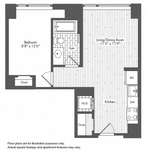 Floor plan for 1 bed, 1 bath, 598 sqft